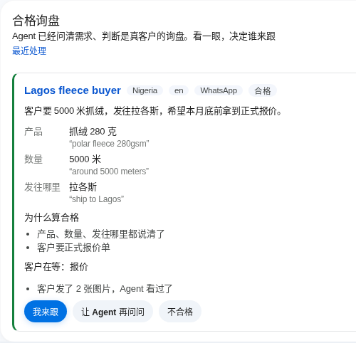 工作台上的“合格询盘”卡片：一位来自尼日利亚的客户要 5000 米抓绒，发往拉各斯；产品、数量、发往哪里下面都附着客户的原话；最下面是“我来跟”“让 Agent 再问问”“不合格”三个按钮。